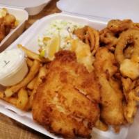 Fish Combo Platter · Hand battered cod, shrimp, french fries, cole slaw, tartar sauce, and lemon wedge.