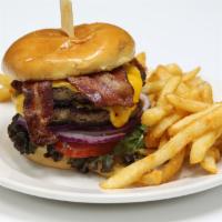 Alan's Double Bacon Burger · 2 TNT patties, lettuce, tomato, onions, mayonnaise, extra cheese, lettuce, tomato, bacon, an...