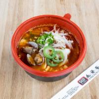 Seafood Spicy Ramen  · Spicy Korean ramen soup with seafood and vegetables. 