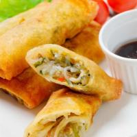 Vegetable Spring Rolls · 4 pieces. Cabbage, carrots, glass noodles, shiitake mushrooms, served w/Thai sweet chili sau...