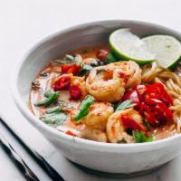 (SPICY) Tom Yum Noodle Soup · Spicy & sour soup w/Exotic Thai herbs, bean sprouts, lemongrass, kaffir lemon leaf topped wi...