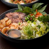 Pork & Shrimp Bun · grilled pork, shrimps, vermicelli noodles, lettuce, cucumber, mint leaves, Thai basil leaves...