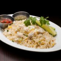 Crab Fried Rice (GF) · jumbo lump crab meat, egg, cucumber, cilantro served with spicy green sauce and chili fish s...