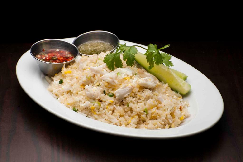 Crab Fried Rice (GF) · jumbo lump crab meat, egg, cucumber, cilantro served with spicy green sauce and chili fish sauce.