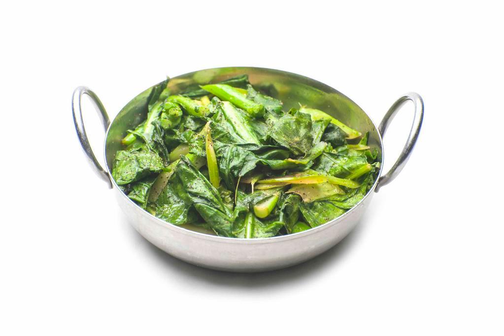 SAUTÉED CHINESE BROCCOLI (V) · Chinese broccoli, chili, and garlic.  