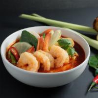 14. Tom Yum Soup · Thailand ‘s most famous hot and sour soup in a broth, mushroom, red onion, cherry tomato, a ...