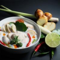 15. Tom Kha Soup · Gluten-free. Thai coconut soup with mushrooms, red onion, lime leaf, lemongrass, galangal, l...