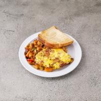 Bacon and Cheese Omelette Platter Breakfast · Comes with melted American cheese.