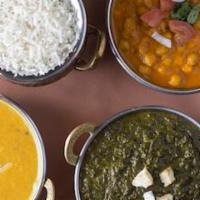 Palak Paneer Dinner · Palak paneer, basmati rice, and tandoori naan.