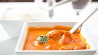 Fish Goa Curry Dinner · Fish goa curry, basmati rice, and tandoori naan.