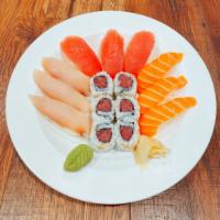 Triple Color Sushi Combo · 3 pieces tuna, 3 pieces salmon, 3 pieces yellowtail & spicy tuna roll.