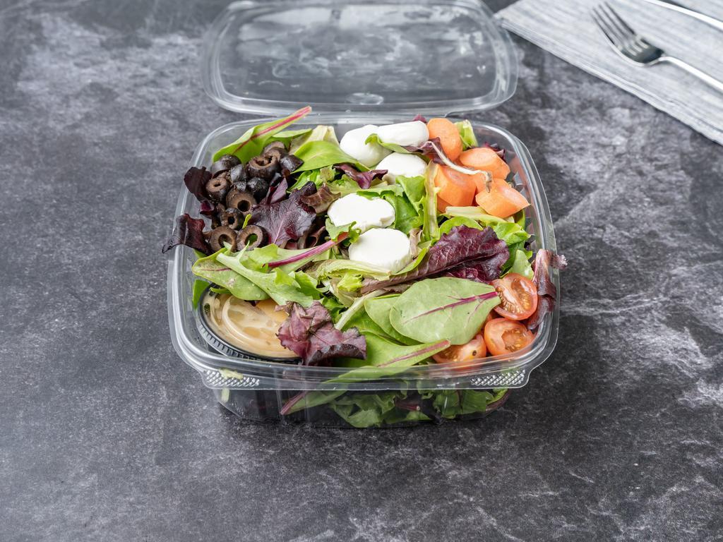 House Salad · Mesclun lettuce, cherry tomatoes, fresh mozzarella and roasted peppers with black and green olives.