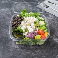 Greek Salad · Crispy romaine lettuce, cherry tomatoes, red onions, cucumbers, black olive and feta cheese.