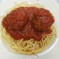 Spaghetti with Meatballs · Served with our homemade tomato sauce and homemade meatballs.