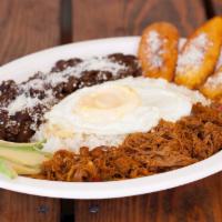 Pabellón Criollo · A delicious traditional Venezuelan dish made with white rice, seasoned shredded beef, fried ...