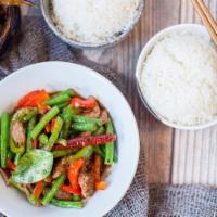 27.	Pad Prik Khing · Fresh green beans stir-fried in red curry sauce with bell pepper, kaffir lime leaves, and gr...