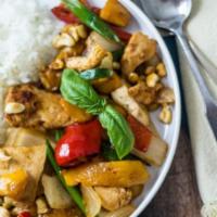 29.	Pad Mamuang · Mango stir-fry. Ripe mango stir-fried in our house chili sauce with Thai basil leaves, bell ...