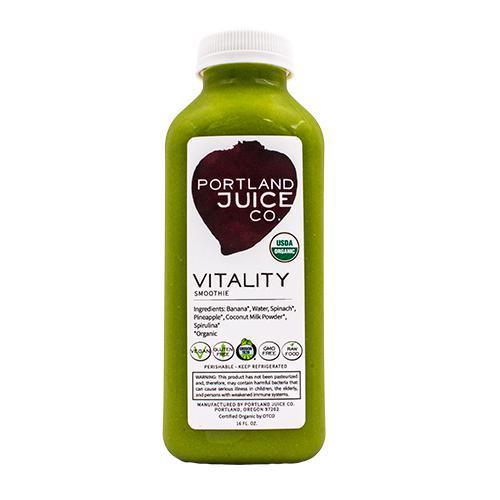 Vitality Smoothie · 16 oz. of thick, nutritious, certified organic smoothie goodness. Made with pineapple, banana, spinach, coconut milk, blue green algae and filtered water. Please note that products purchased here will have a 1-3 day shelf-life.