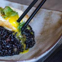 Oink Oink Fried Rice · Black rice, shishiito, carrot, green peas, Chinese sausage, egg and duck.