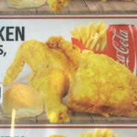3 Pieces Chicken Combo · Served with 1 roll, french fries and canned soda.