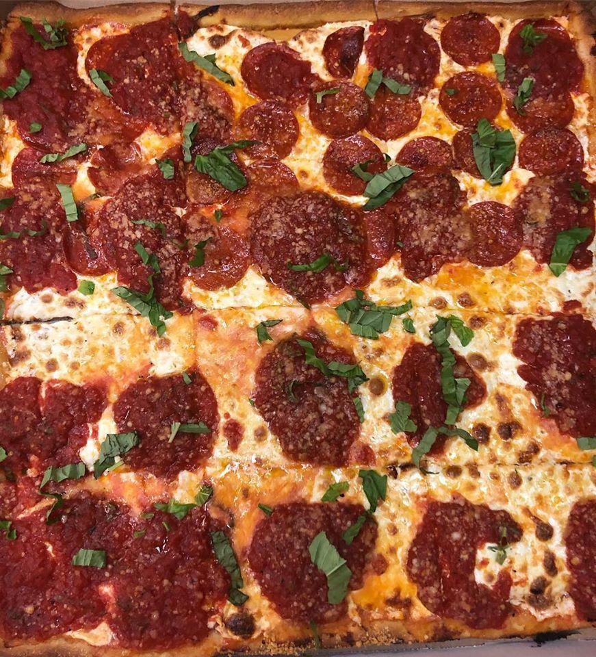 Round Square Grandma Pizza · Fresh mozzarella and tomato sauce.