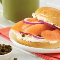 Nova Lox · Plain bagel with cream cheese, sliced red onion, and capers.