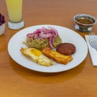 Yuca o  Guineo con Huevos, Queso and salami · Cassava or boiled green banana with eggs, fried cheese and salami.