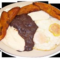 Desayuno Centro Americano · Huevos, queso, frijole, crema, tortilla - eggs, cheese, beans, cream and tortilla.