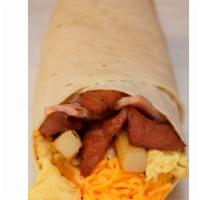 Double Meat Breakfast Giant Burrito · Ham, bacon, egg, potatoes and cheese.