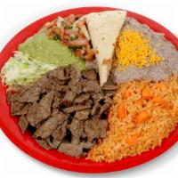 Carne Asada Plate Combo · Angus steak meat with lettuce, guacamole and Mexican salsa 2 flour or 3 corn tortillas.