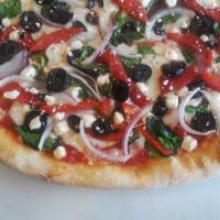 Mediterranean Pizza · Spinach, feta cheese, black olives, red onions, roasted red peppers and oregano.