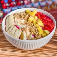 Pitaya Bowl · Blend: pitaya, blueberries, banana, mango. Toppings: strawberries, banana, blueberries, mang...