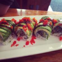R40. Dragon Roll · Eel cucumber with avocado and tobiko outside.