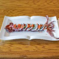 R69. Calamari Dragon Roll · Grilled calamari wrapped around eel, seaweed salad and avocado roll.