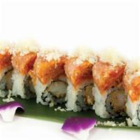 Grove Roll · Shrimp tempura and avocado topped with spicy tuna and crunch. 8 pieces.