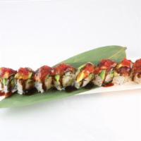 JC Sakura Roll · Shrimp, tempura, cucumber, avocado and crab stick wrapped with eel, mango and tobiko. 8 piec...