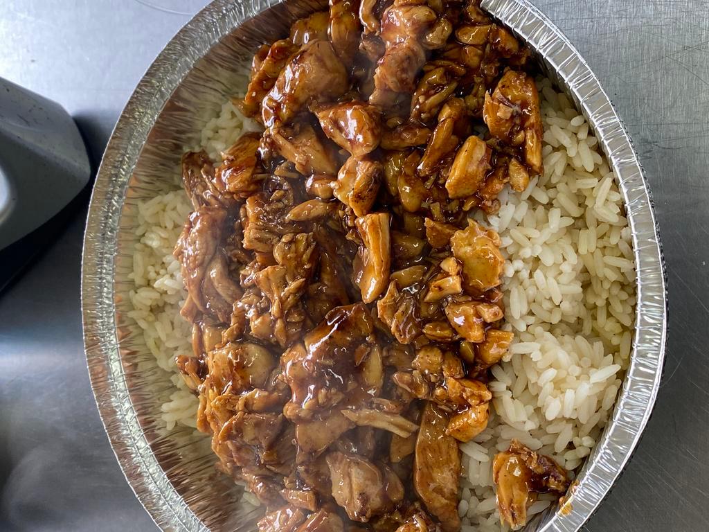 Grilled Chicken Teriyaki Over Rice Plate  · Grilled chicken sauteed with teriyaki sauce, onions and peppers, topped with melted cheese over our seasoned rice.
