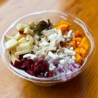 Fall Harvest Quinoa Bowl · Organic quinoa, roasted chicken, butternut squash, roasted Brussel sprouts, sun-dried cranbe...