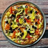 Sonic The Vegg-Hog Pizza · Mushrooms, red onion, garlic, tomato, black olives, red and green peppers and artichoke.