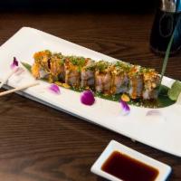 Out of Control Roll · Tuna, salmon, yellowtail, avocado and asparagus inside topped with seared yellowtail, tuna, ...