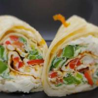 The Veggie Wrap · Egg whites, peppers, spinach, tomato, and feta on a wrap.