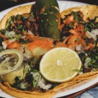 5 Mini Tacos · Street tacos. Served with canned soda, cebolla, cilantro, cebolla dorada, and toreado.