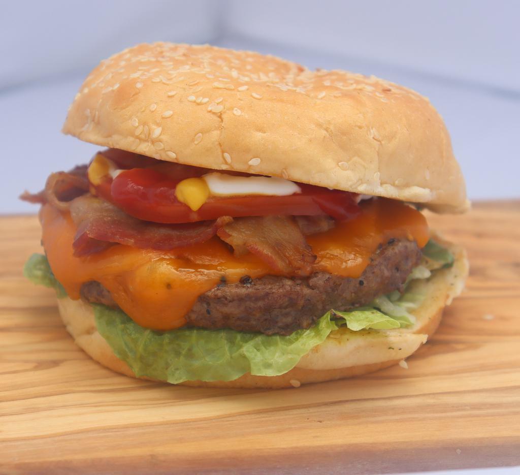 5. Bacon Cheese Burger · Angus beef patty (8 oz), cheddar cheese, bacon, lettuce, onion, pickles, ketchup and mayo.