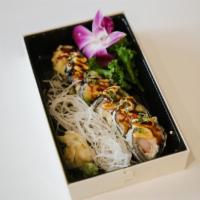 S13. Godzilla Roll · Salmon, white tuna, crab meat, avocado and cream chess deep fried, topped with spicy mayo, e...