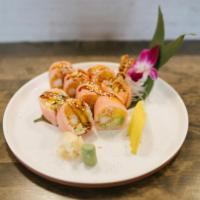 S14. Moshi Moshi Roll · Shrimp tempura, cucumber, avocado, mango, spicy crab wrapped with soybean paper, eel sauce a...