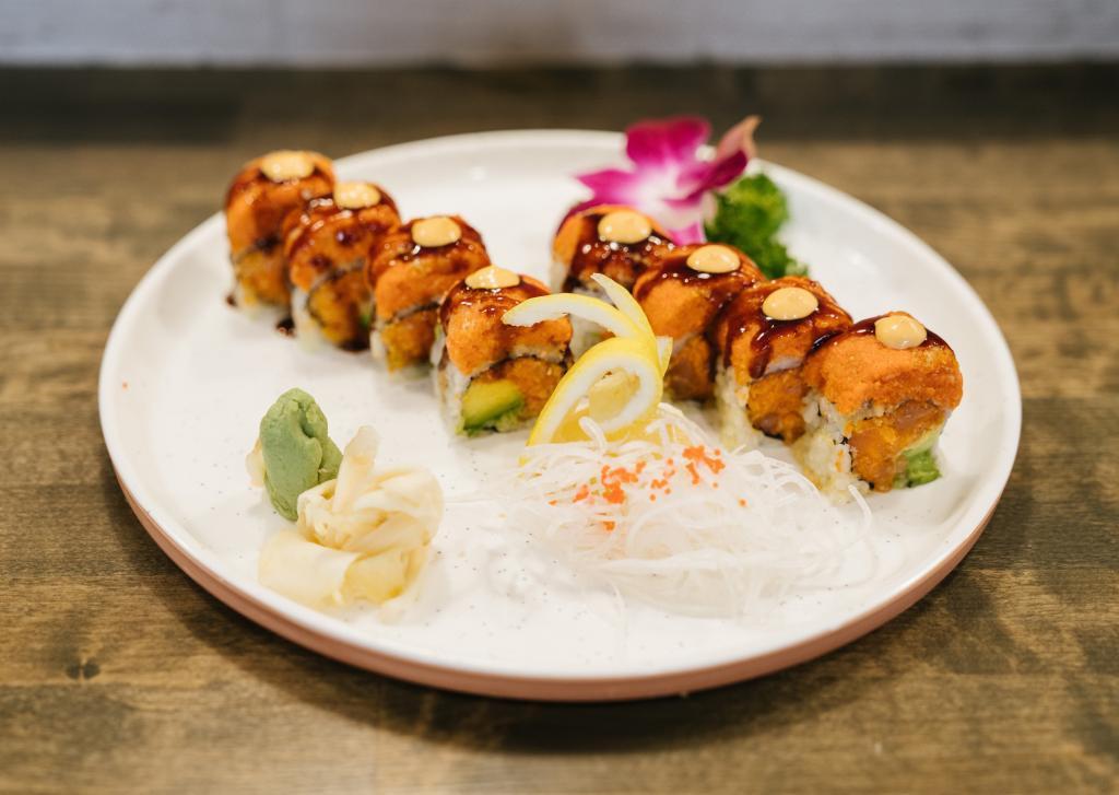 S19. Spicy Girl Roll · Spicy salmon and avocado inside, topped with spicy tuna, eel sauce and spicy mayo.