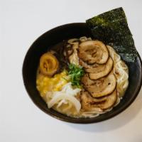 R1. Moshi Tonkotsu Ramen · Pork Loin chashu, cabbage, corn, seaweed, soy marinated egg, kikurage mushroom, scallion, or...
