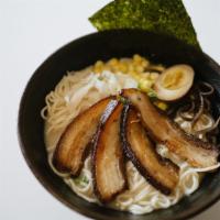 R2. Moshi Kakuni Ramen · Braised pork belly, cabbage, corn, soy marinated egg, kikurage mushroom, seaweed, scallion, ...