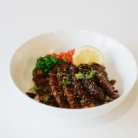 D1. Kakuni Don · Braised pork bell served over rice with pickled ginger, seaweed salad and chef special sauce.