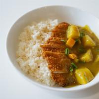 D2. Curry Katsu Don · Japanese curry cooked with potatoes, carrots and onions, topped with scallions and sesame se...